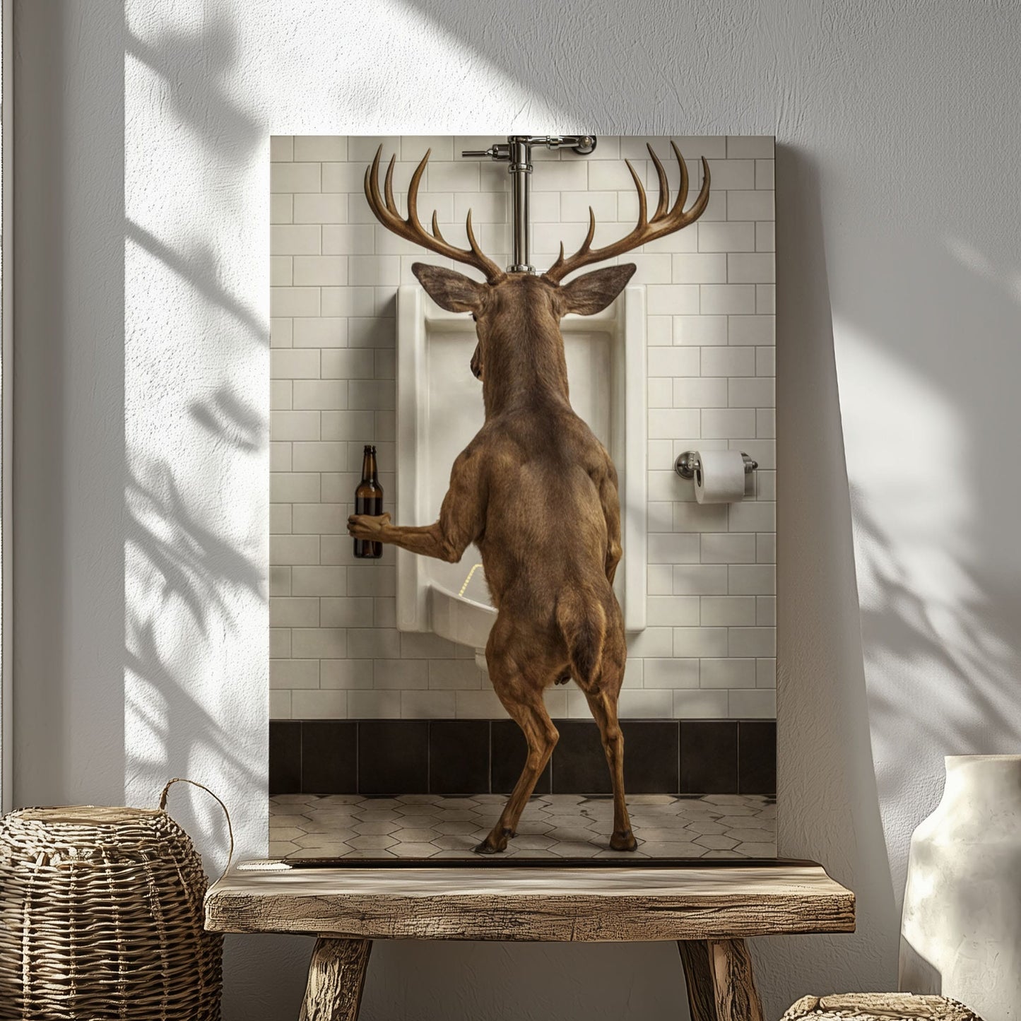 Deer Holding Beer and Standing at the Urinal Canvas Hilarious Bathroom Wall Art