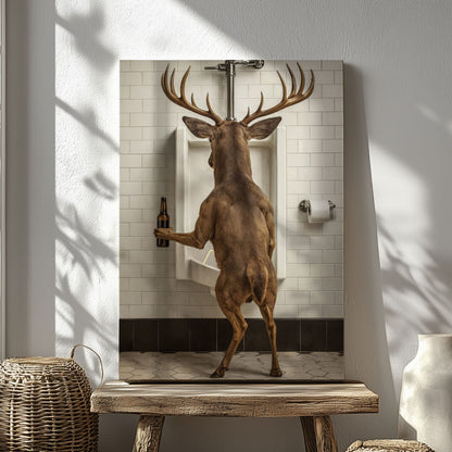 Deer Holding Beer and Standing at the Urinal Canvas Hilarious Bathroom Wall Art
