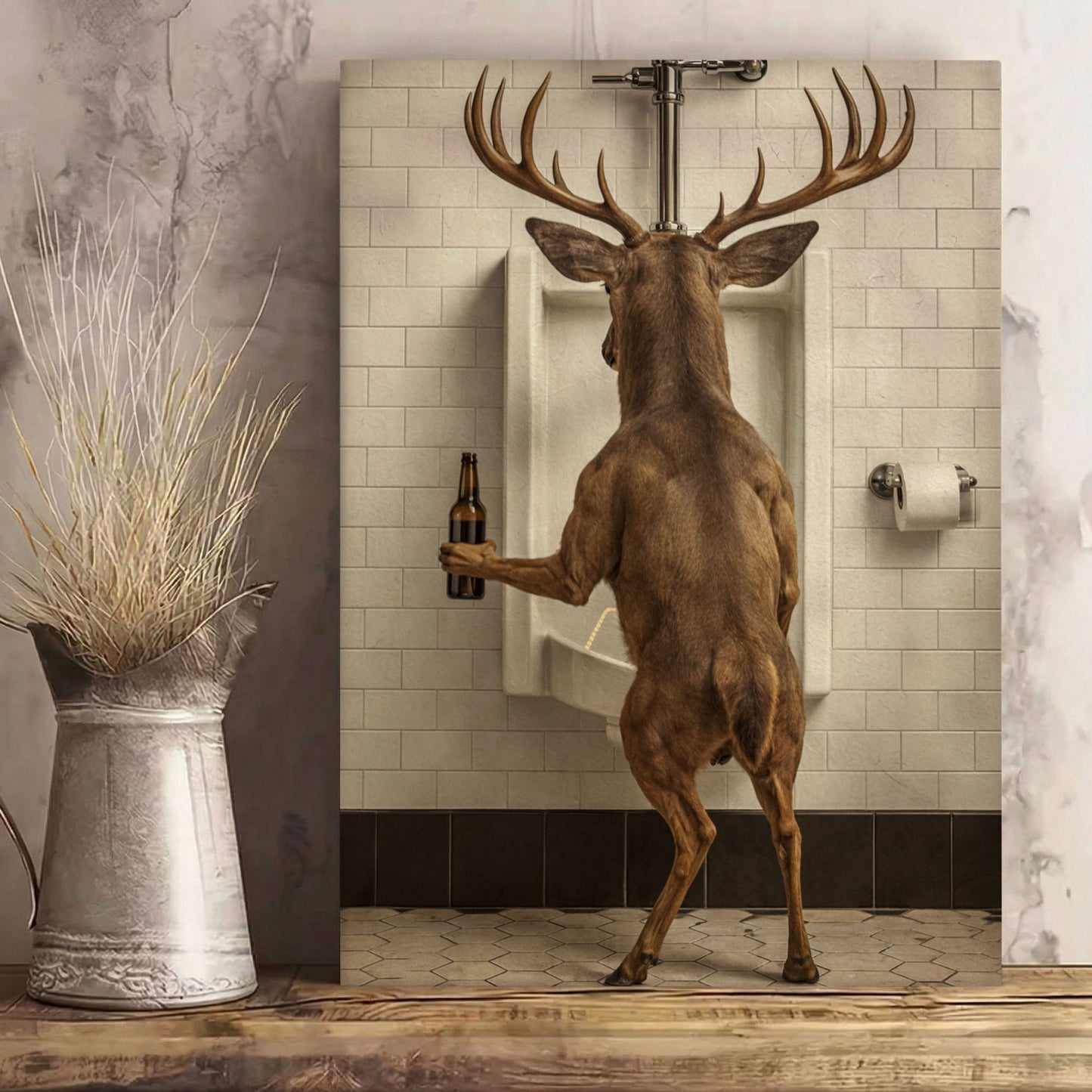 Deer Holding Beer and Standing at the Urinal Canvas Hilarious Bathroom Wall Art
