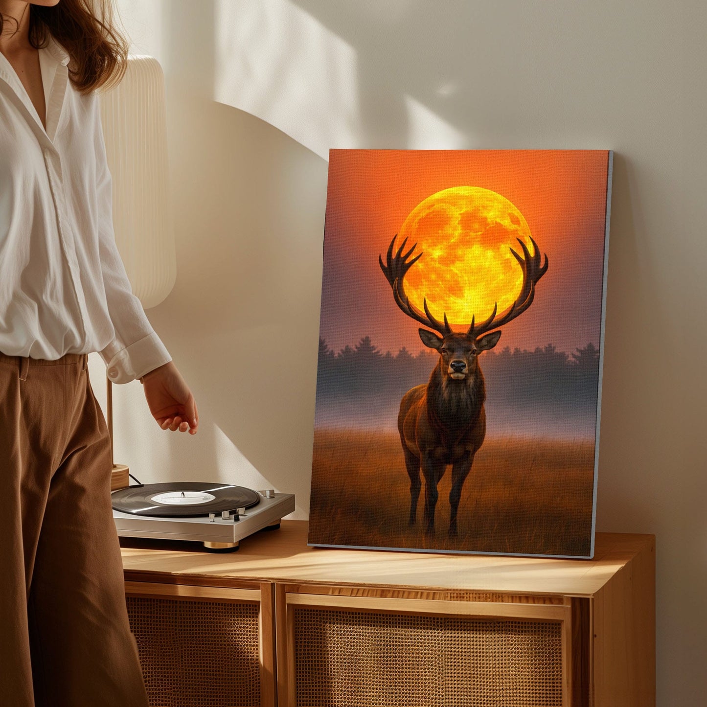 Majestic Deer Full Moon Canvas Wall Art