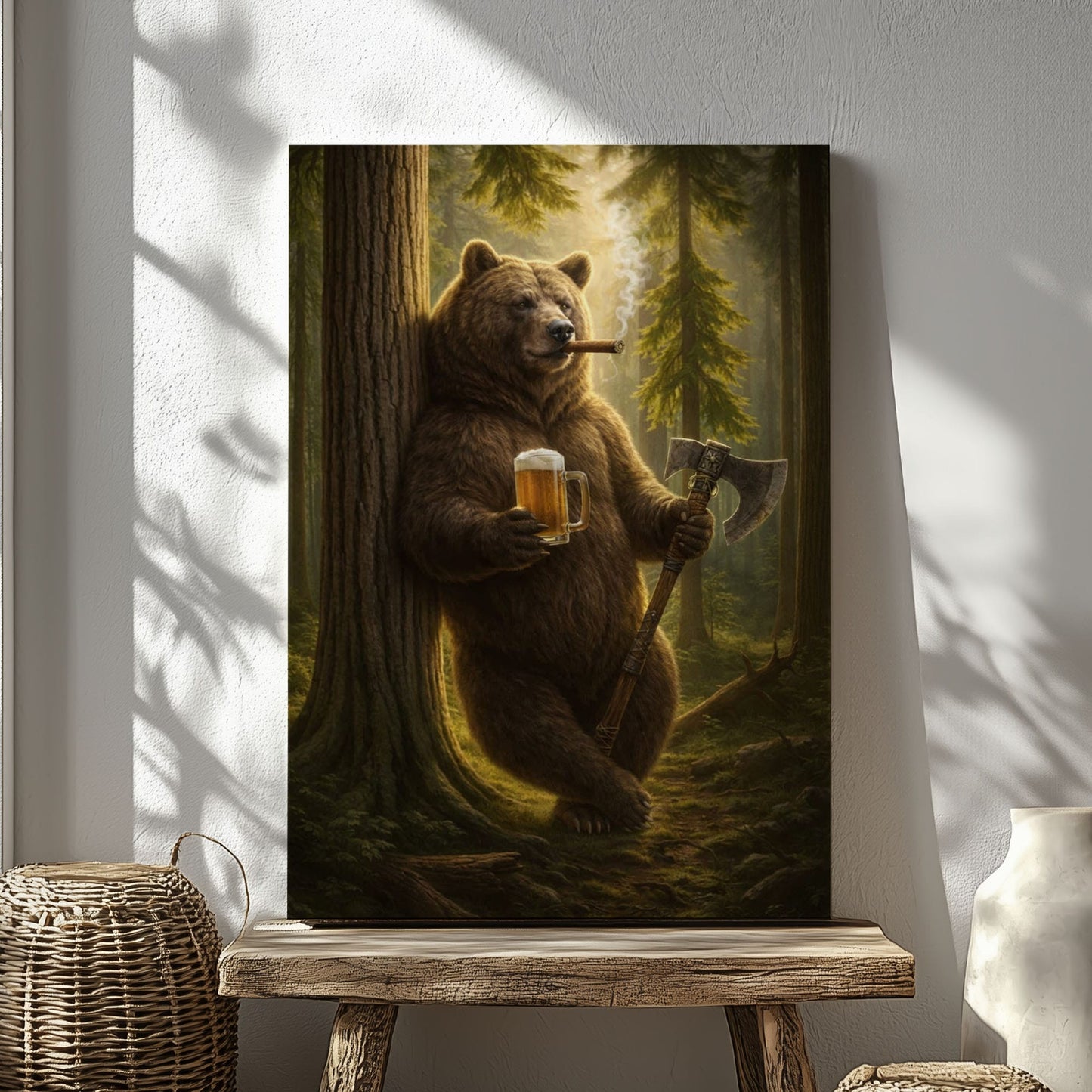 Rustic Bear in Forest Canvas Wall Art