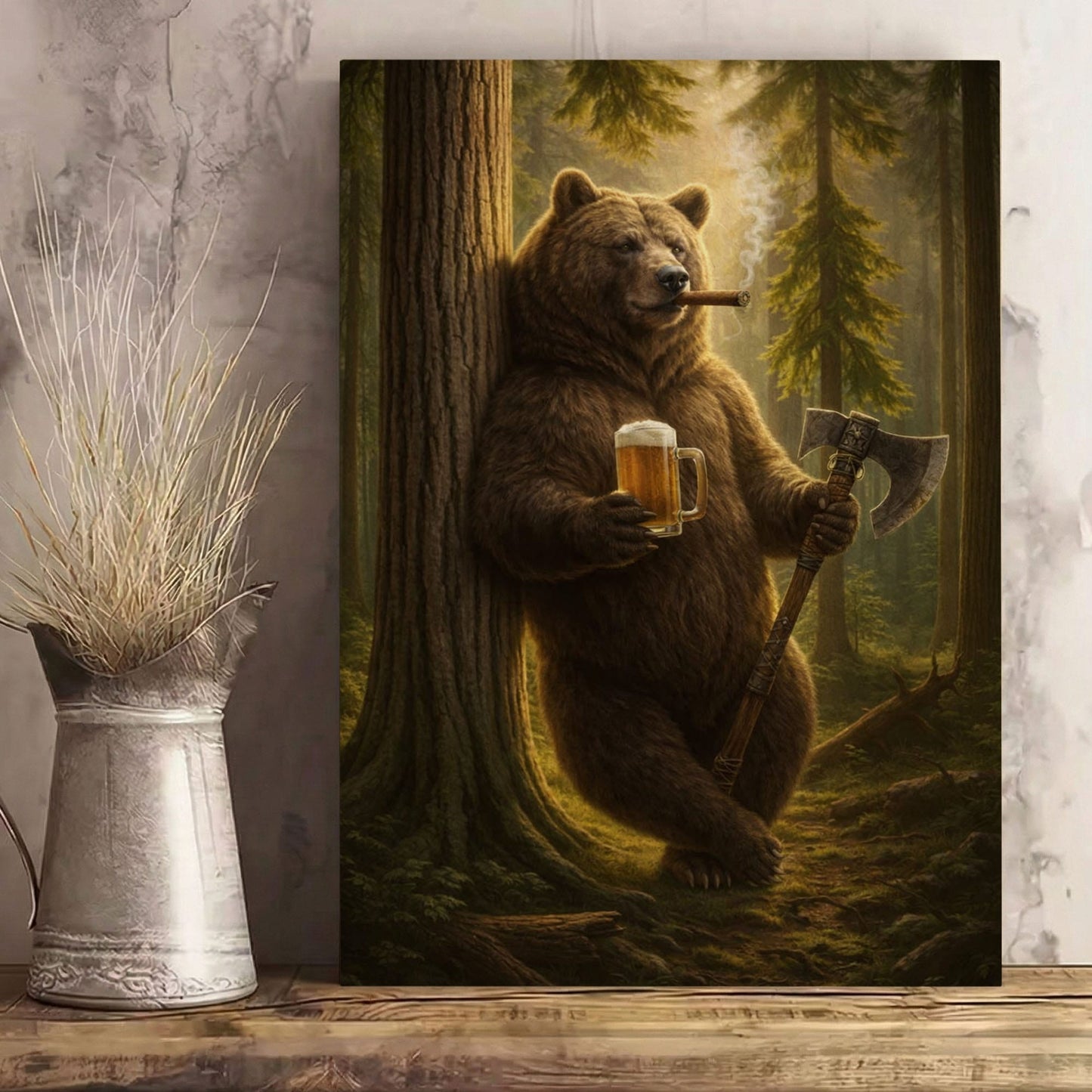 Rustic Bear in Forest Canvas Wall Art