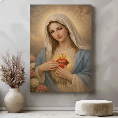 Sacred Heart of Mary Canvas Print, Bring Love and Protection Into Your Home, Catholic Wall Art Decor