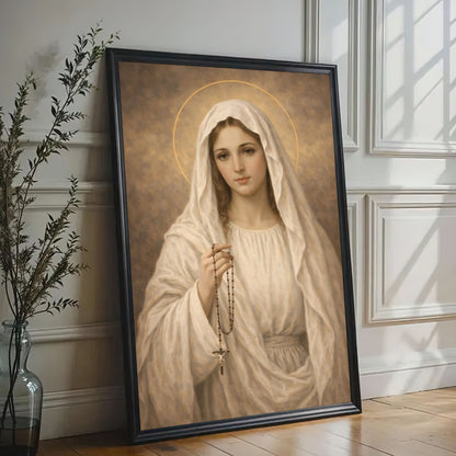 Mary with Rosary Canvas Wall Art, Blessed Mother Canvas Print