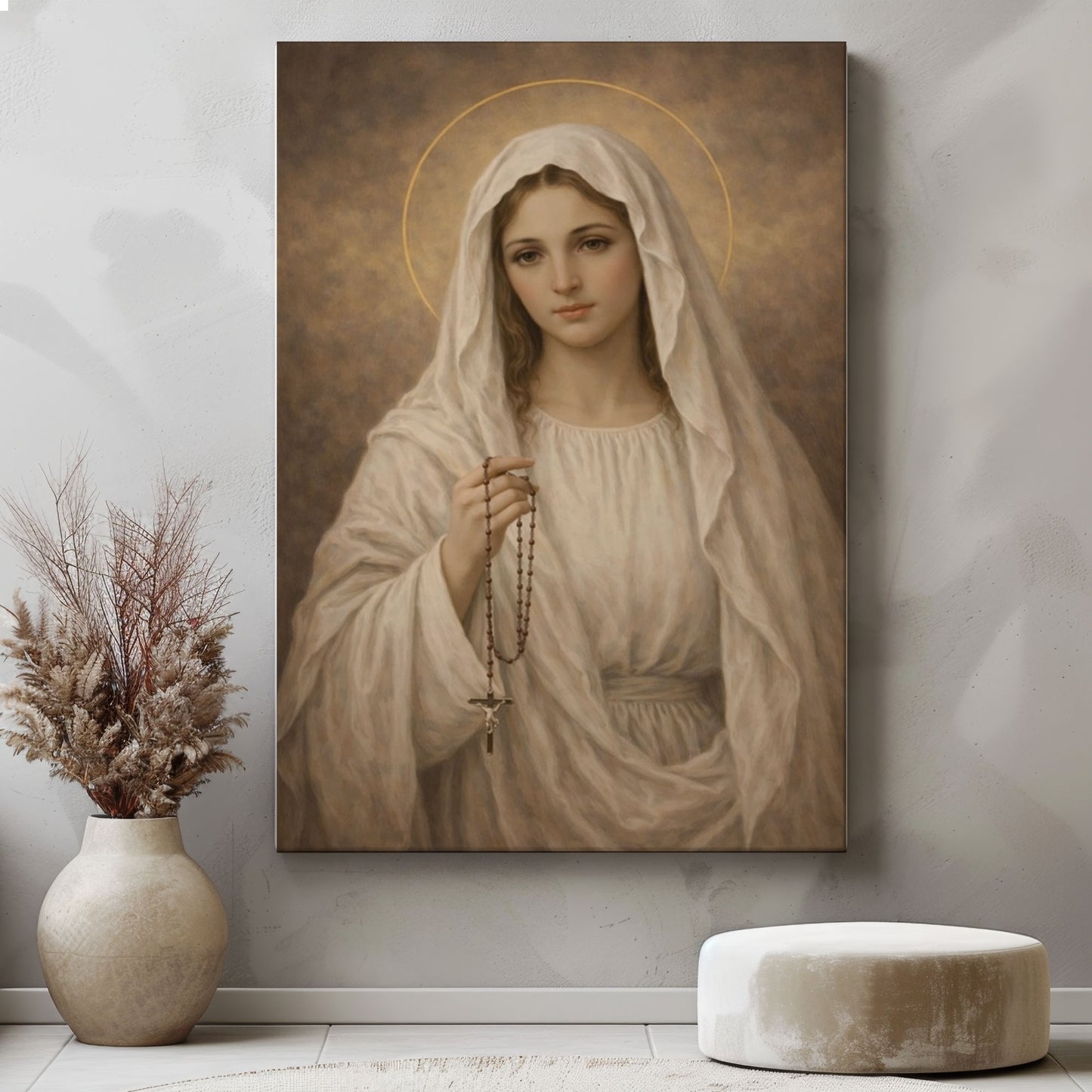 Mary with Rosary Canvas Wall Art, Blessed Mother Canvas Print