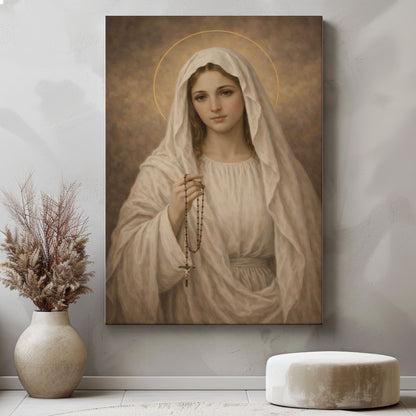 Mary with Rosary Canvas Wall Art, Blessed Mother Canvas Print