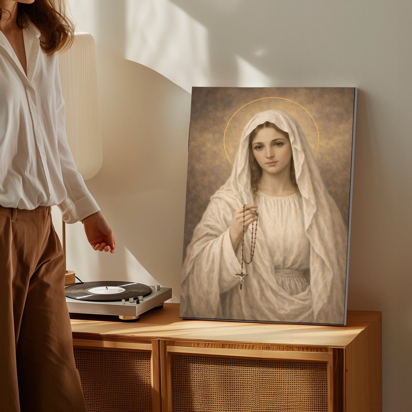 Mary with Rosary Canvas Wall Art, Blessed Mother Canvas Print