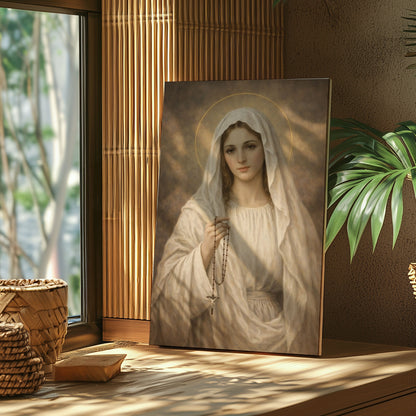 Mary with Rosary Canvas Wall Art, Blessed Mother Canvas Print