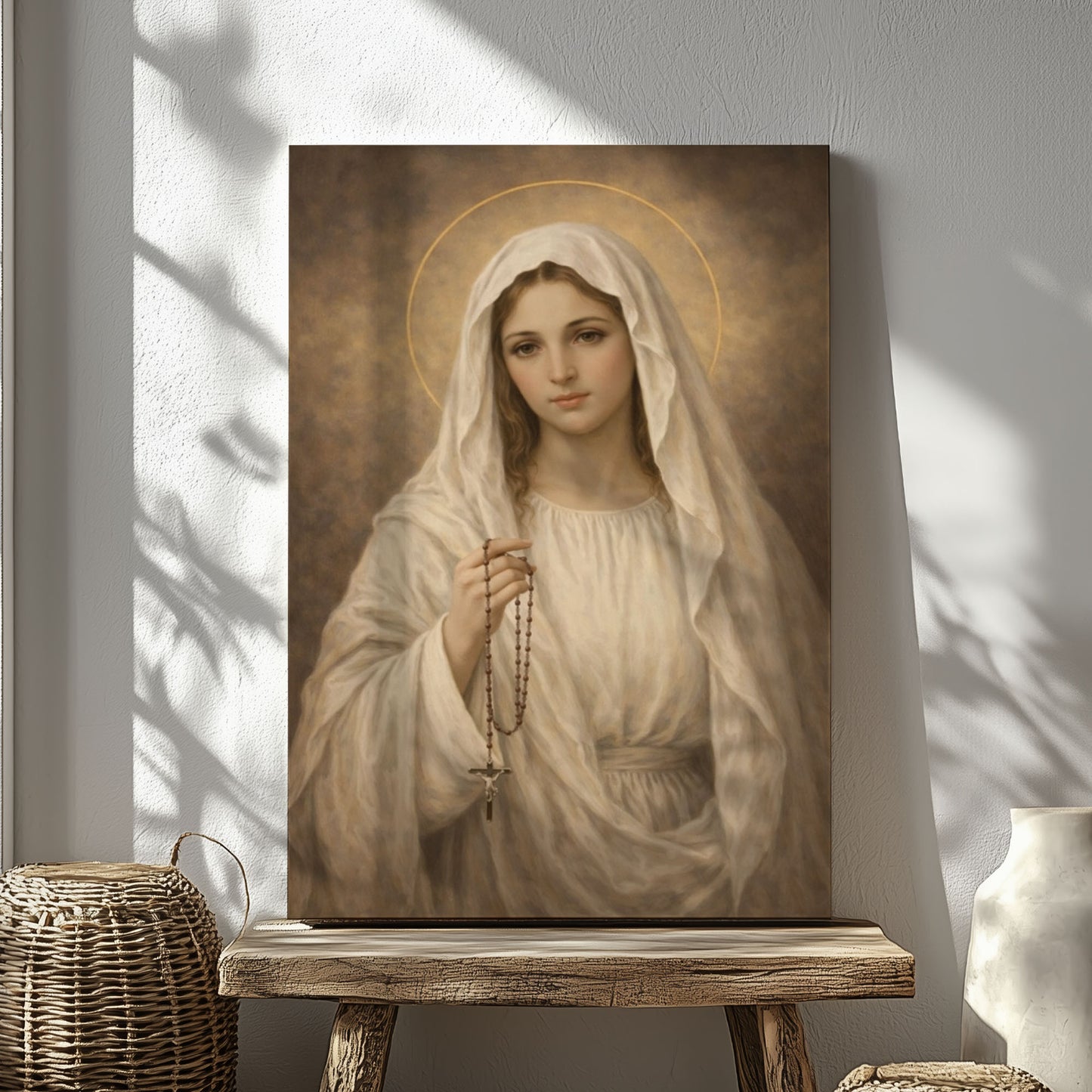 Mary with Rosary Canvas Wall Art, Blessed Mother Canvas Print
