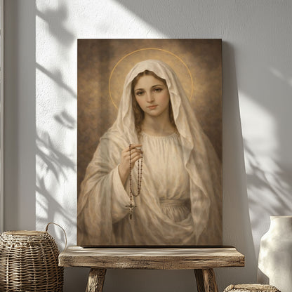 Mary with Rosary Canvas Wall Art, Blessed Mother Canvas Print