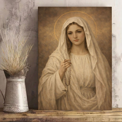 Mary with Rosary Canvas Wall Art, Blessed Mother Canvas Print