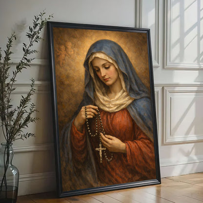 Virgin Mary with Rosary Canvas Wall Art, Blessed Mother Canvas
