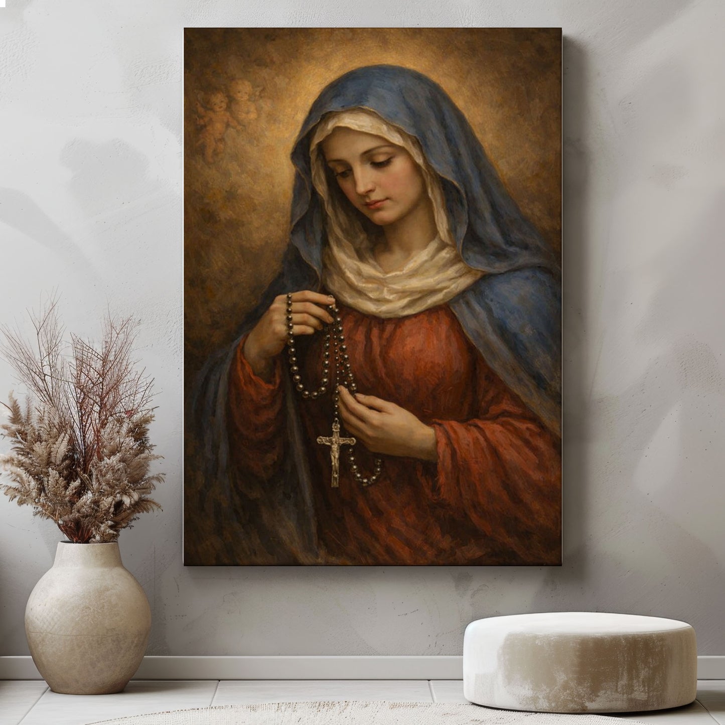 Virgin Mary with Rosary Canvas Wall Art, Blessed Mother Canvas