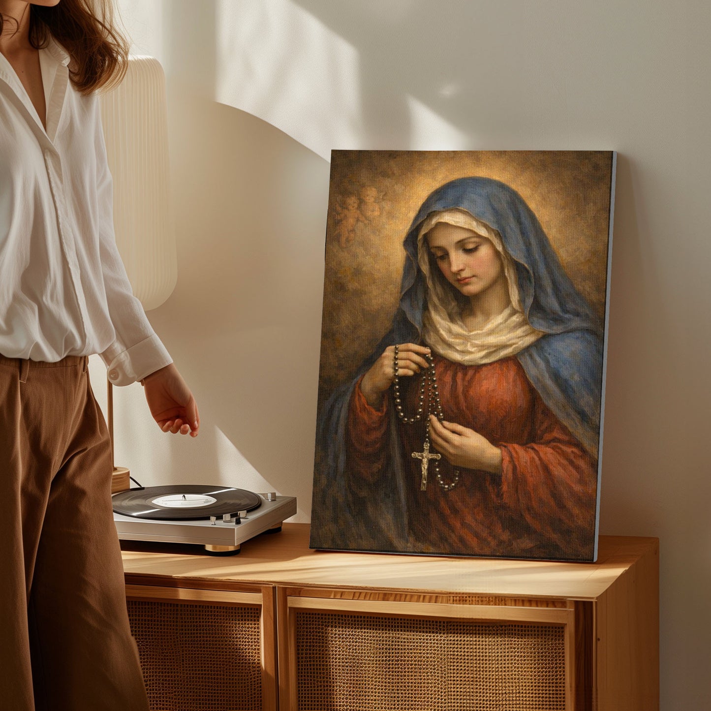 Virgin Mary with Rosary Canvas Wall Art, Blessed Mother Canvas