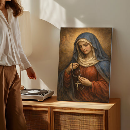 Virgin Mary with Rosary Canvas Wall Art, Blessed Mother Canvas