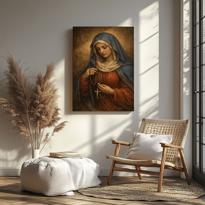 Virgin Mary with Rosary Canvas Wall Art, Blessed Mother Canvas