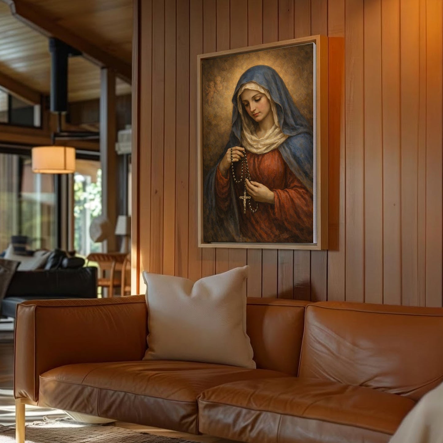 Virgin Mary with Rosary Canvas Wall Art, Blessed Mother Canvas
