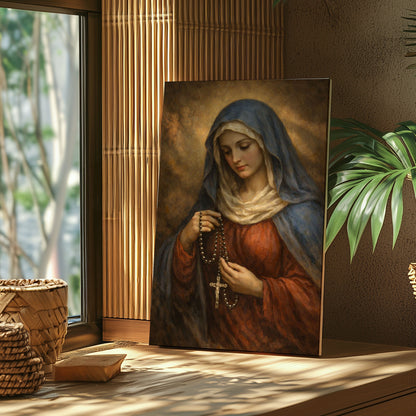 Virgin Mary with Rosary Canvas Wall Art, Blessed Mother Canvas