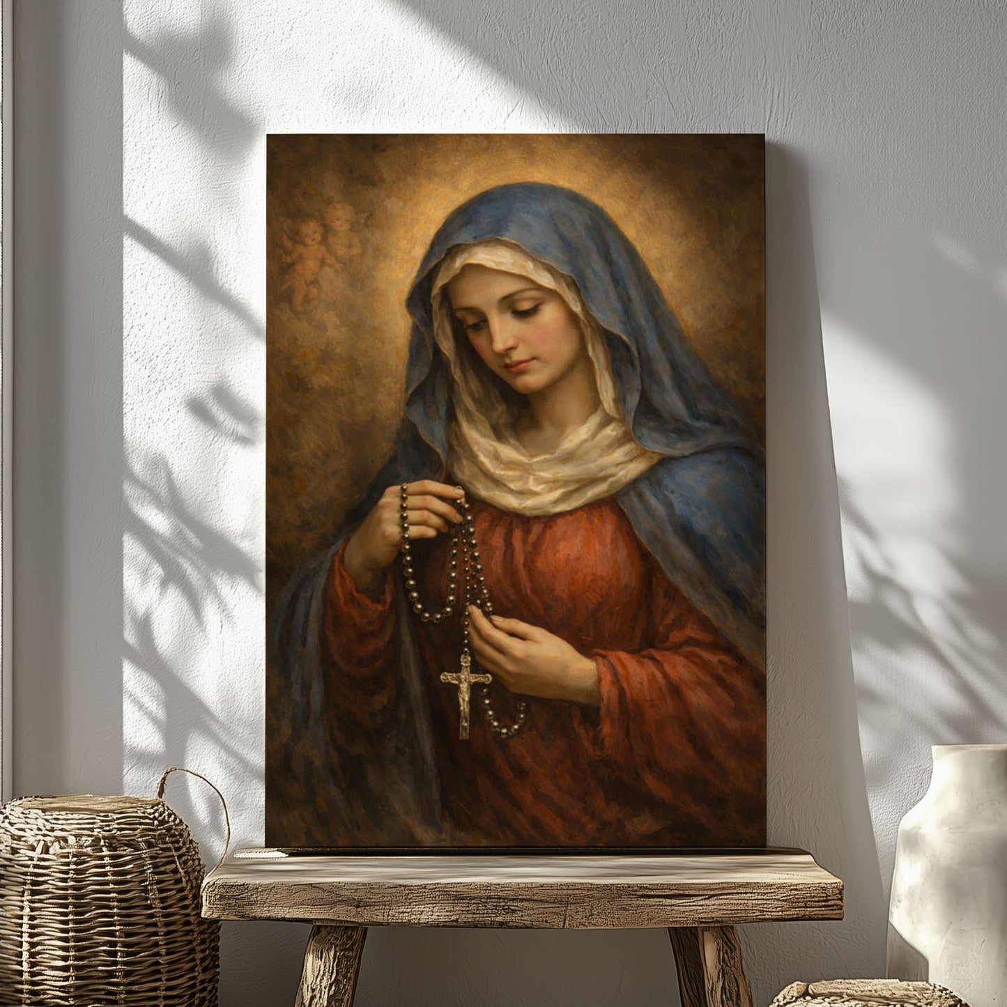Virgin Mary with Rosary Canvas Wall Art, Blessed Mother Canvas