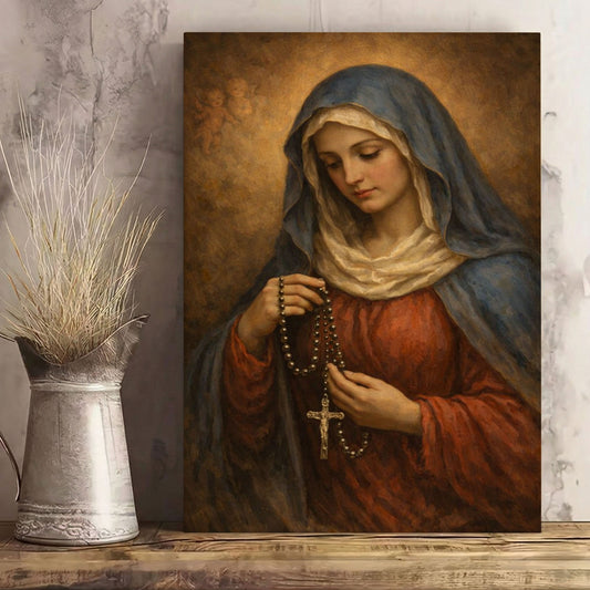 Virgin Mary with Rosary Canvas Wall Art, Blessed Mother Canvas