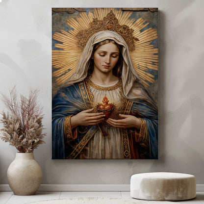Immaculate Heart of Mary Canvas Wall Art, Sacred Heart of Mary Painting