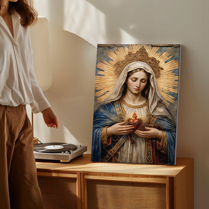 Immaculate Heart of Mary Canvas Wall Art, Sacred Heart of Mary Painting