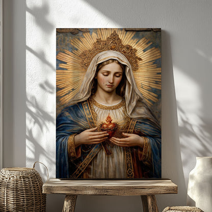 Immaculate Heart of Mary Canvas Wall Art, Sacred Heart of Mary Painting
