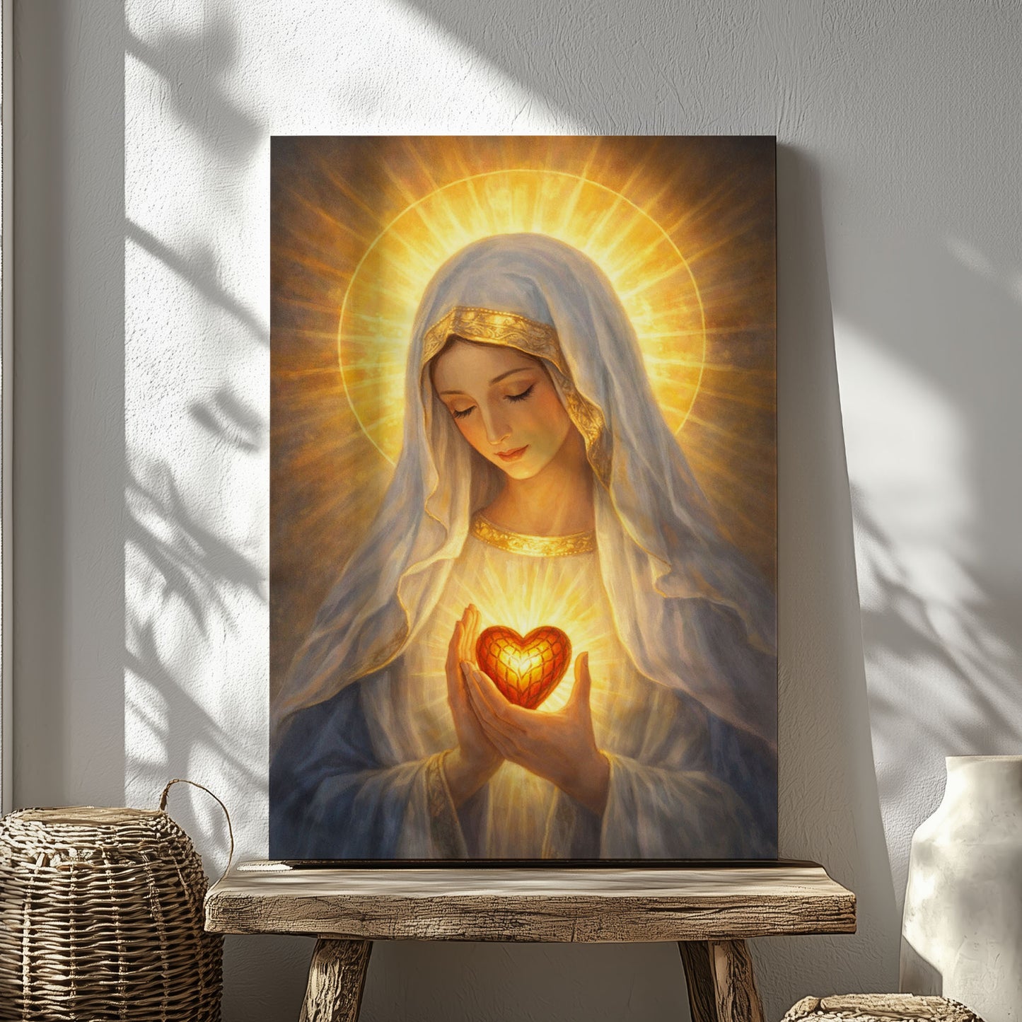Sacred Heart Mary Canvas, Virgin Mary Wall Art, Catholic Religious Decor