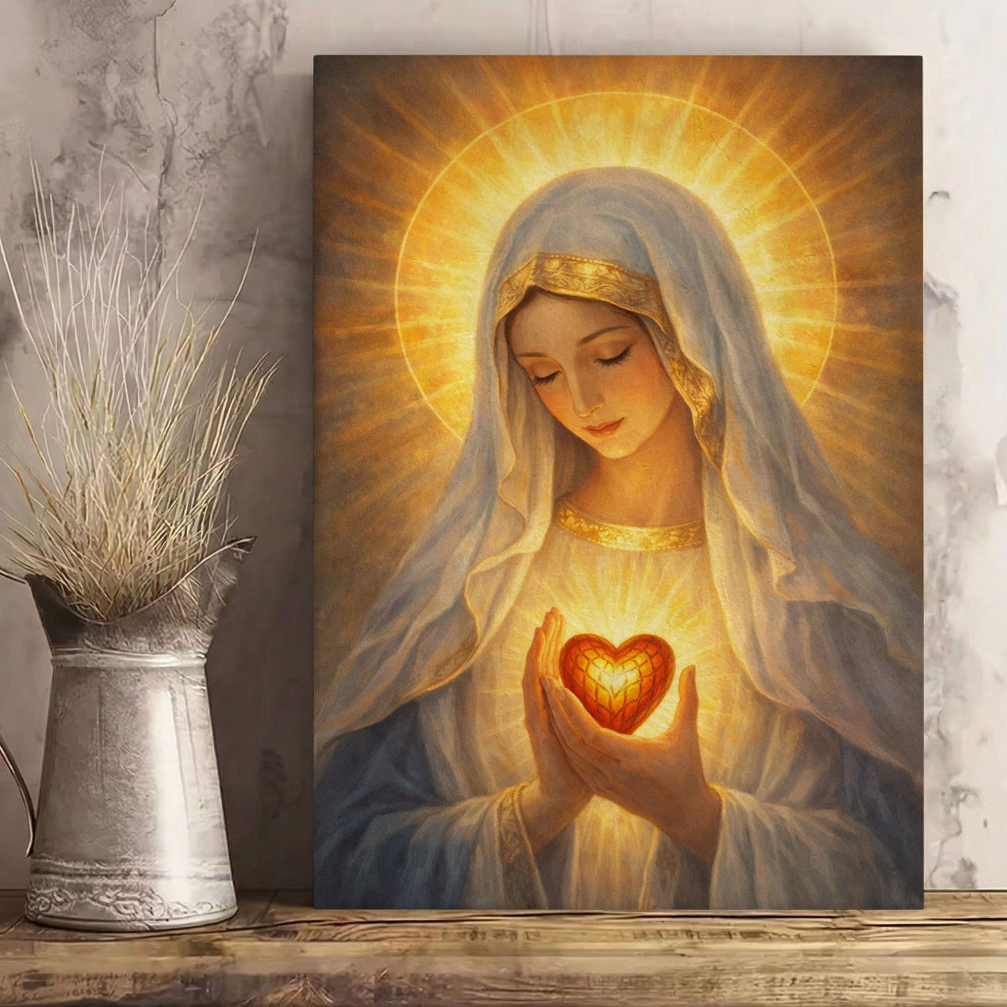 Sacred Heart Mary Canvas, Virgin Mary Wall Art, Catholic Religious Decor