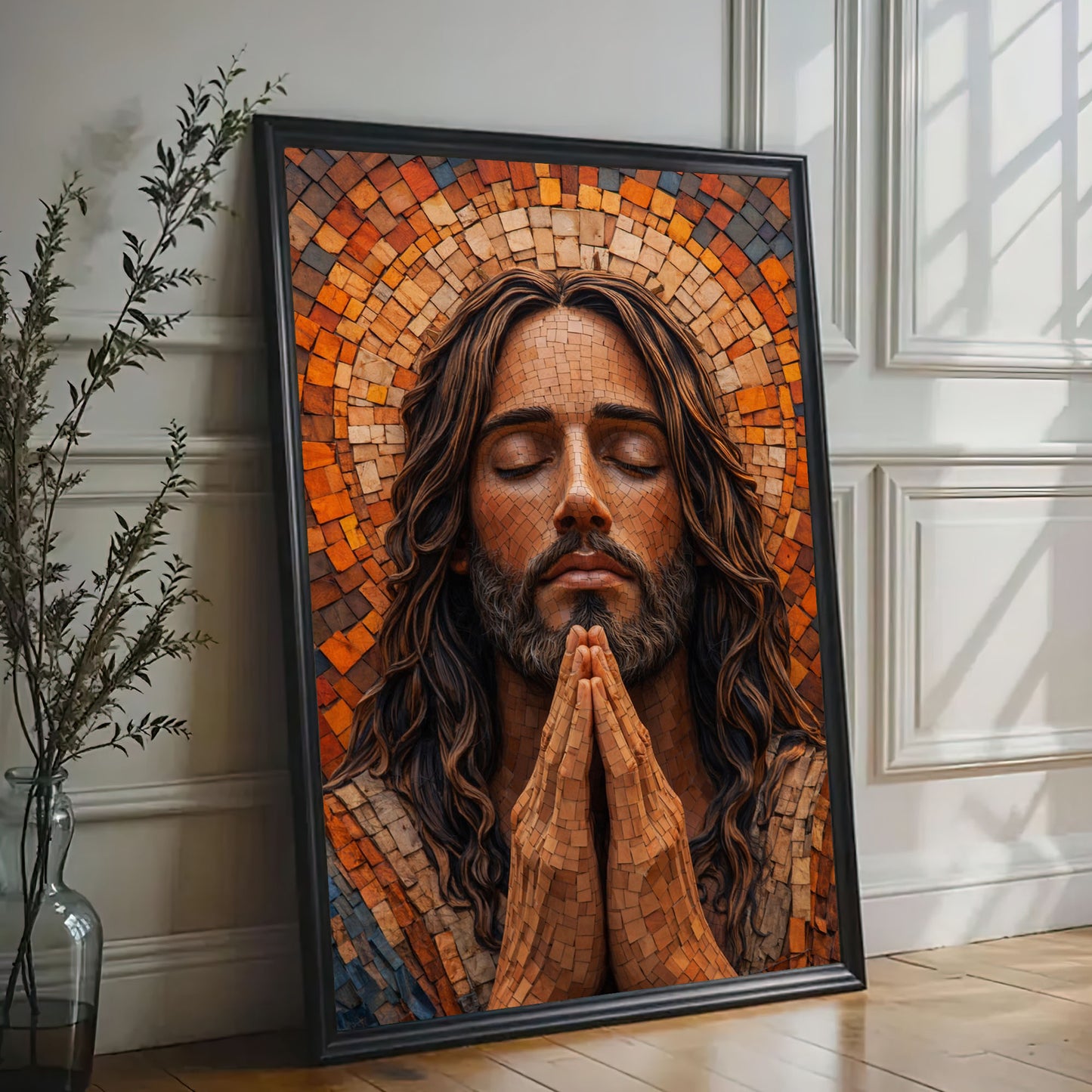 Jesus Praying Canvas Wall Art, Mosaic Jesus Painting, Christian Religious Decor