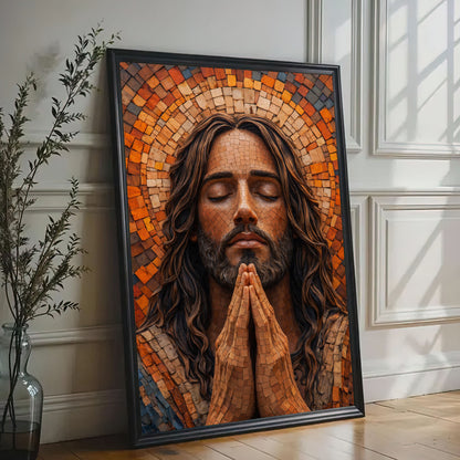 Jesus Praying Canvas Wall Art, Mosaic Jesus Painting, Christian Religious Decor