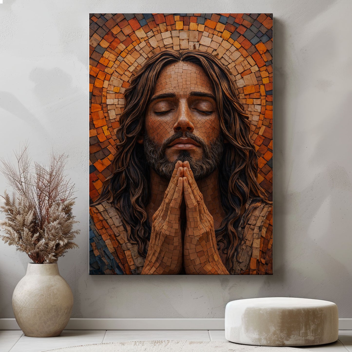 Jesus Praying Canvas Wall Art, Mosaic Jesus Painting, Christian Religious Decor