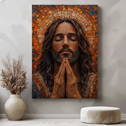 Jesus Praying Canvas Wall Art, Mosaic Jesus Painting, Christian Religious Decor