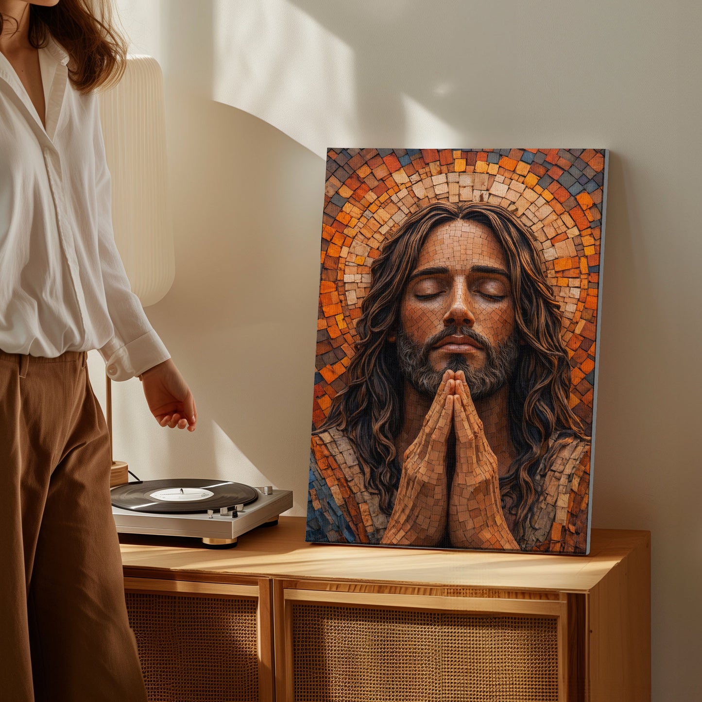 Jesus Praying Canvas Wall Art, Mosaic Jesus Painting, Christian Religious Decor