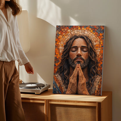 Jesus Praying Canvas Wall Art, Mosaic Jesus Painting, Christian Religious Decor