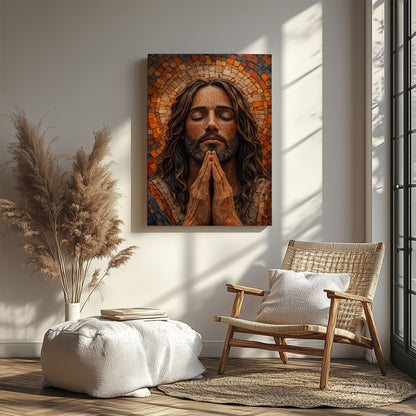 Jesus Praying Canvas Wall Art, Mosaic Jesus Painting, Christian Religious Decor