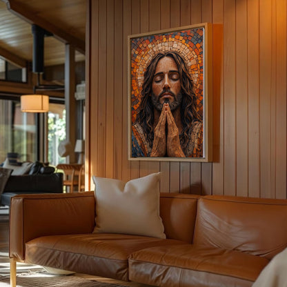 Jesus Praying Canvas Wall Art, Mosaic Jesus Painting, Christian Religious Decor