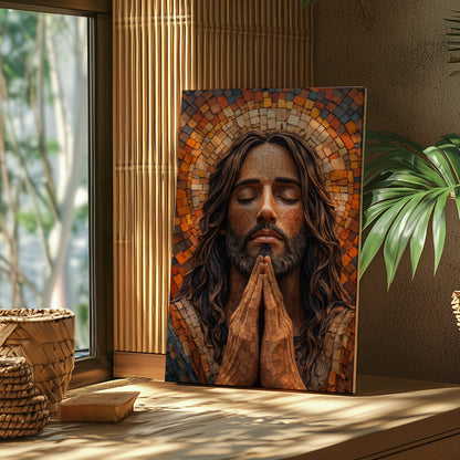 Jesus Praying Canvas Wall Art, Mosaic Jesus Painting, Christian Religious Decor
