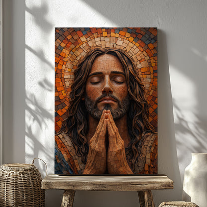Jesus Praying Canvas Wall Art, Mosaic Jesus Painting, Christian Religious Decor
