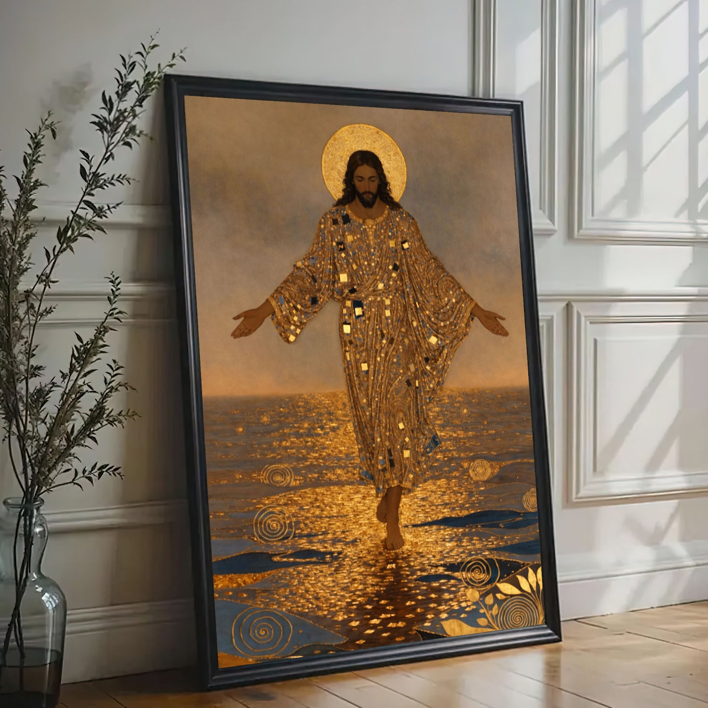 Jesus Walking on Water Gold Foil Canvas Wall Art