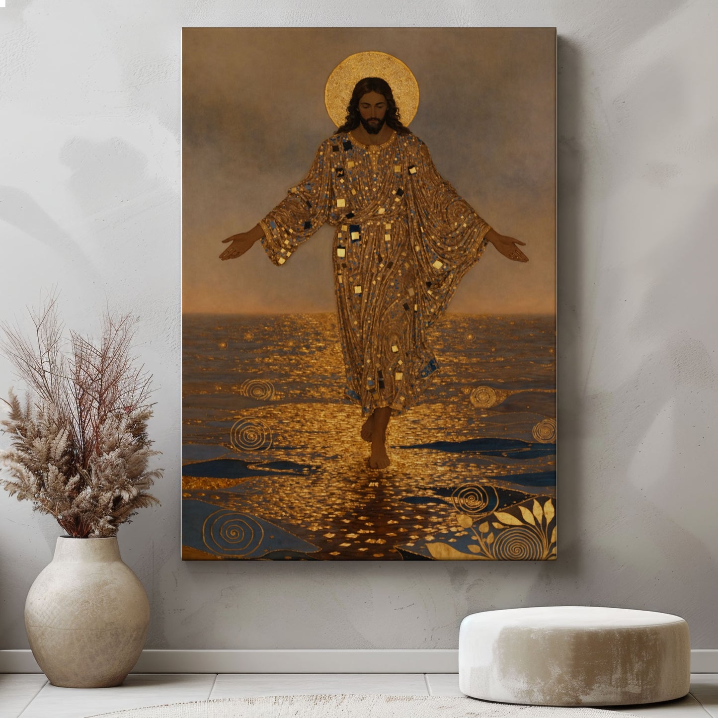 Jesus Walking on Water Gold Foil Canvas Wall Art