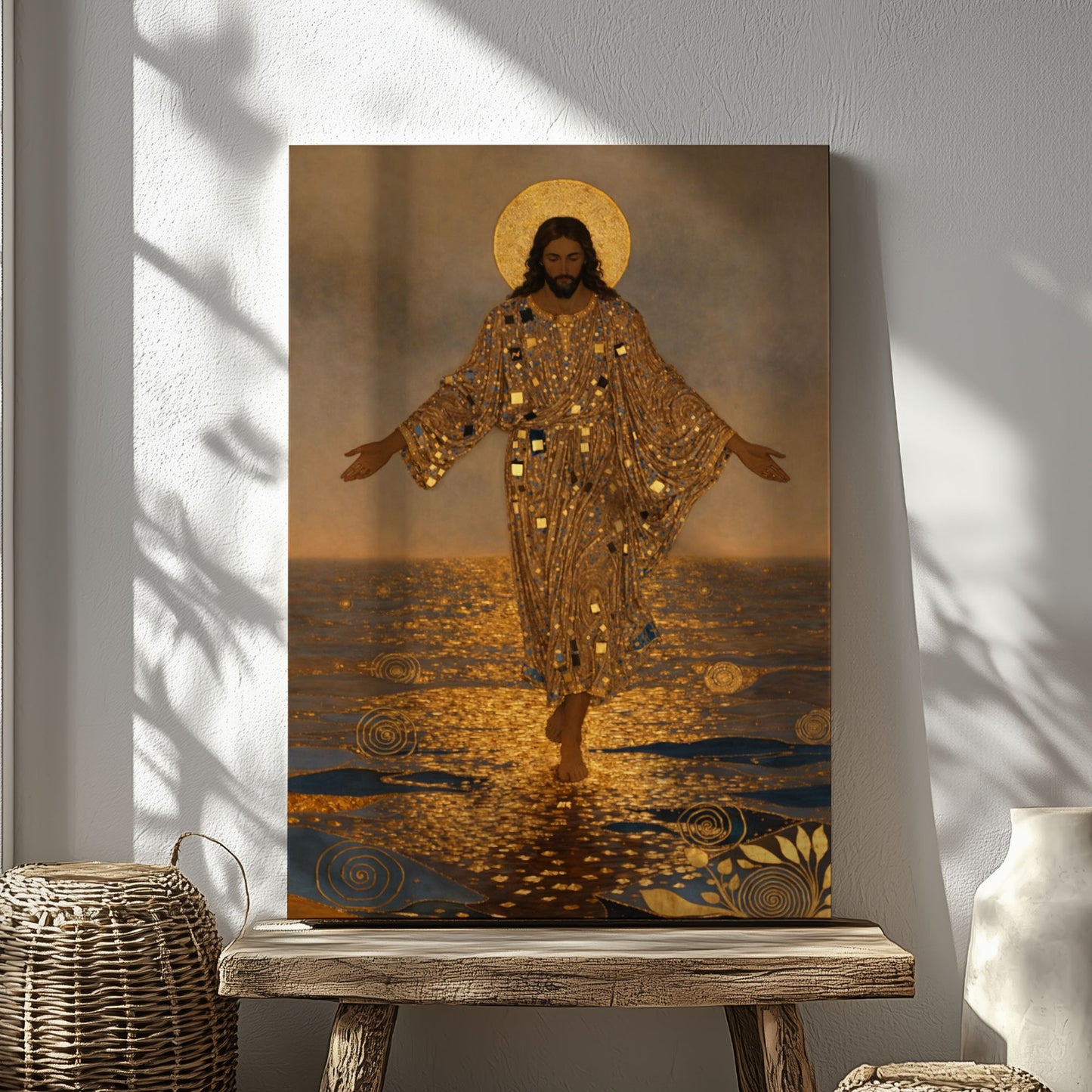 Jesus Walking on Water Gold Foil Canvas Wall Art