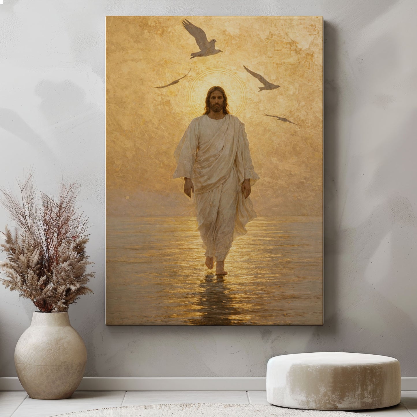 Christ Walking on Water Gold Canvas Decor