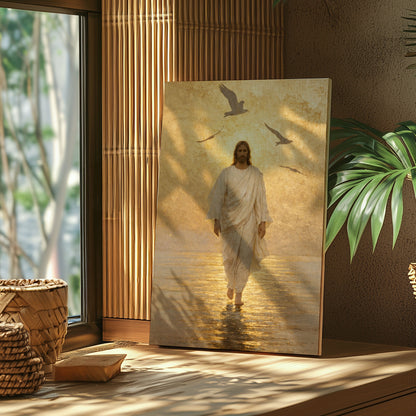 Christ Walking on Water Gold Canvas Decor