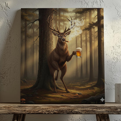 Funny Hunting Wall Art Canvas – Deer with Beer and Cigar Print for Man Cave Decor & Hunter Gift for Men