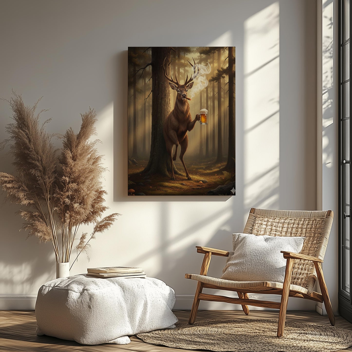 Funny Hunting Wall Art Canvas – Deer with Beer and Cigar Print for Man Cave Decor & Hunter Gift for Men