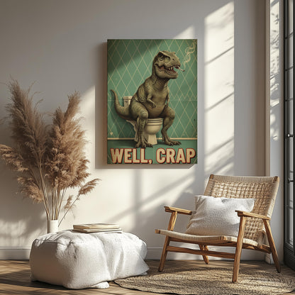 Funny Bathroom Wall Art Canvas – T-Rex on Toilet Well Crap Dinosaur Print for Man Cave Decor & Gag Gift for Men