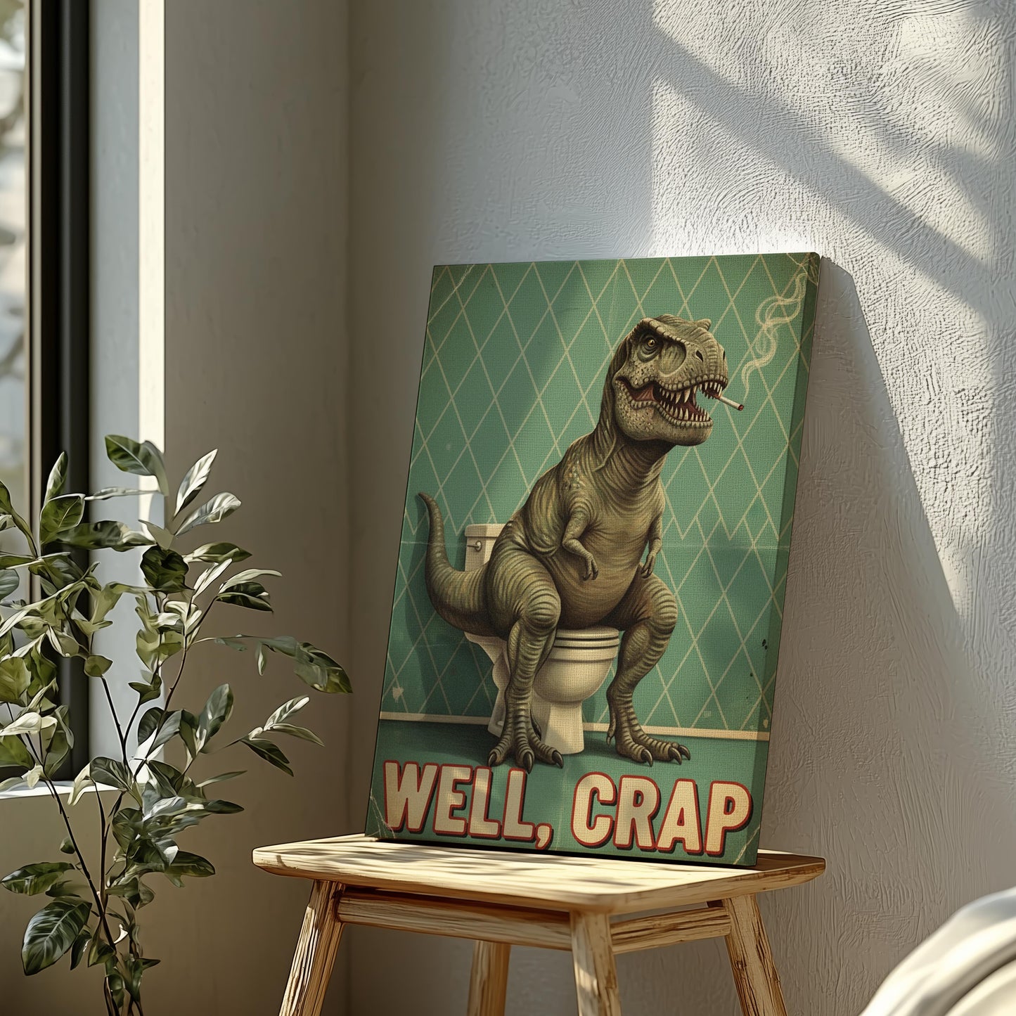 Funny Bathroom Wall Art Canvas – T-Rex on Toilet Well Crap Dinosaur Print for Man Cave Decor & Gag Gift for Men
