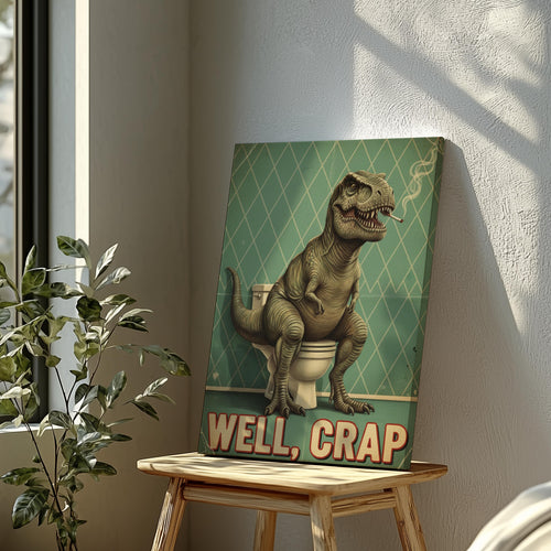 Funny Bathroom Wall Art Canvas – T-Rex on Toilet Well Crap Dinosaur Print for Man Cave Decor & Gag Gift for Men