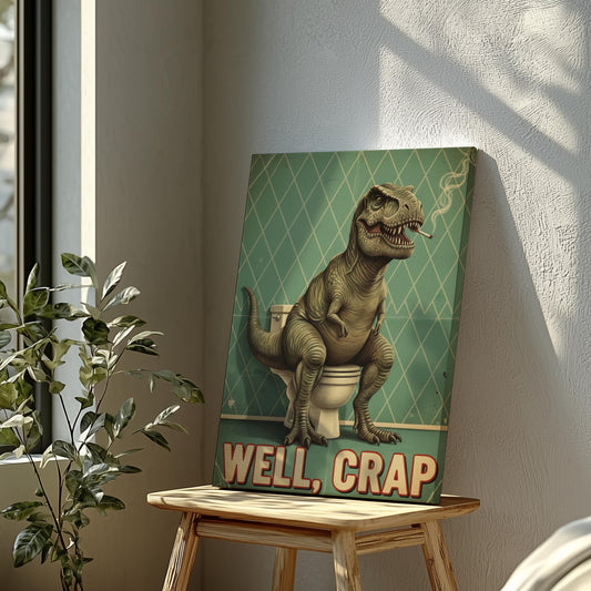 Funny Bathroom Wall Art Canvas – T-Rex on Toilet Well Crap Dinosaur Print for Man Cave Decor & Gag Gift for Men